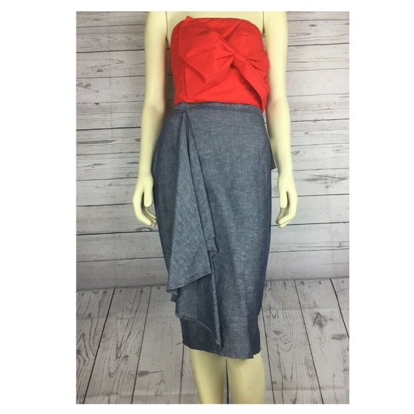 NWT Women's Halston Pencil Skirt Linen Chambray Blue Denim Color Size 4 - Picture 2 of 12